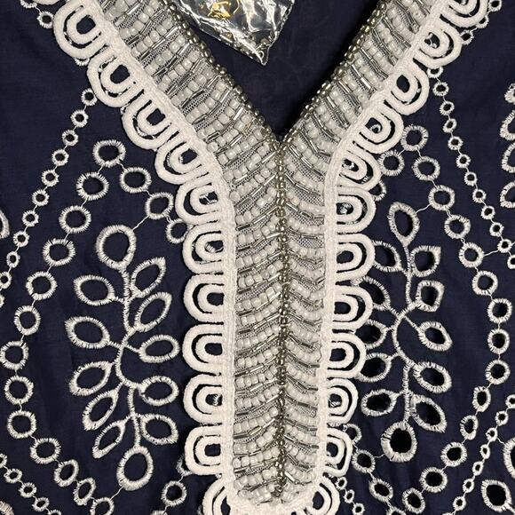 NWOT BOSTON PROPER Navy and White Eyelet Beaded Embellished Tunic Top Size XS - Picture 5 of 7